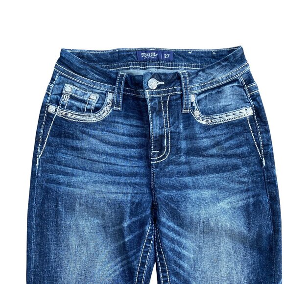 Miss Me Curvy Boot Denim Jeans Sz 27 Rhinestone Western Statement Mid-Rise - Picture 12 of 16